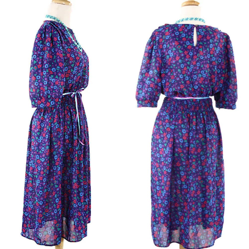 Vintage 80s Day Dress Flowy Blue Pink Graphic Print Elastic Waist Sz M - Hey Viv